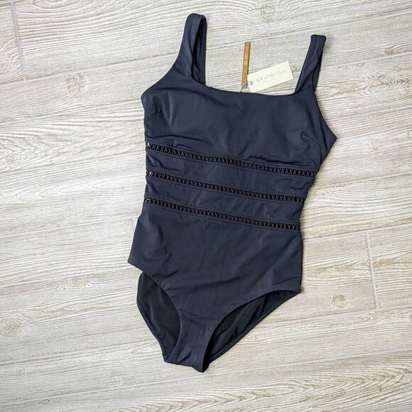New Sea Level Luxe Lola Shimmer Square Neck One Piece Swimsuit Charcoal Size 10 - Picture 1 of 6